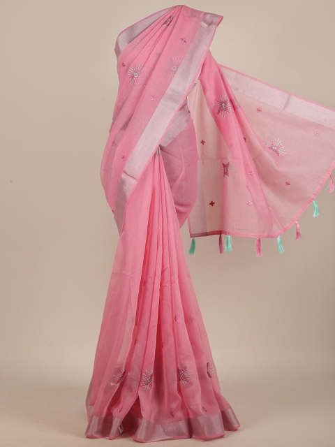 

Pothys Pink & Silver-Toned Floral Embroidered Saree