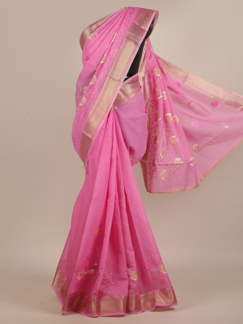 

Pothys Pink & Gold-Toned Floral Embroidered Saree