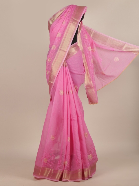

Pothys Pink & Gold-Toned Floral Embroidered Saree
