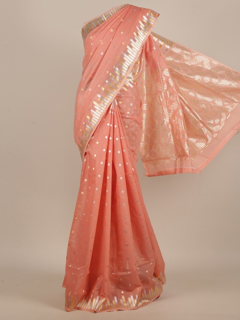 

Pothys Peach-Coloured & Gold-Toned Zari Jute Silk Saree