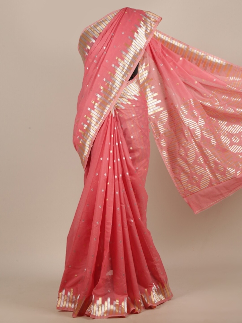 

Pothys Pink & Silver-Toned Zari Jute Silk Saree