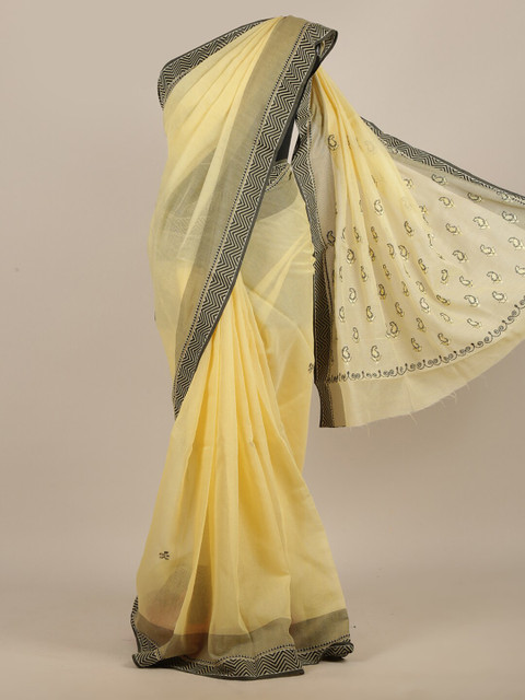 

Pothys Yellow & Grey Embroidered Cotton Blend Saree