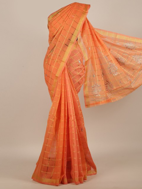 

Pothys Orange & Gold-Toned Checked Embroidered Saree