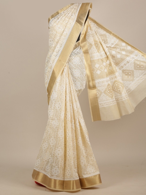 

Pothys Cream-Coloured & Gold-Toned Ethnic Motifs Zari Saree