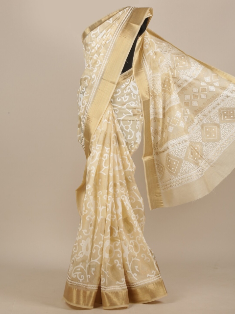 

Pothys Cream-Coloured & Gold-Toned Woven Design Zari Saree