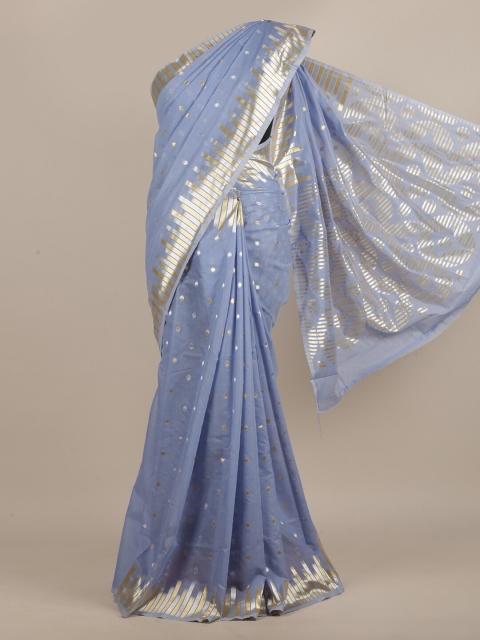 

Pothys Blue & Silver-Toned Zari Jute Silk Saree