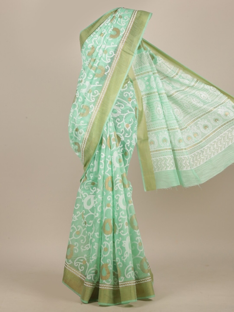 

Pothys Sea Green & White Ethnic Motifs Zari Saree