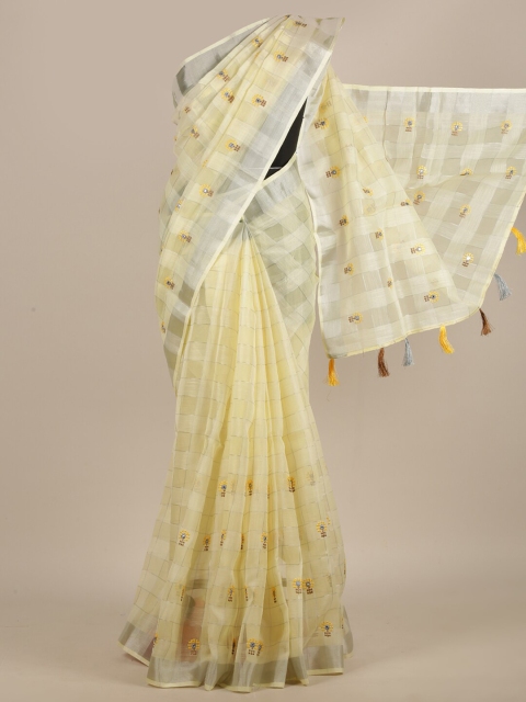 

Pothys Yellow & Grey Ethnic Motifs Zari Linen Blend Saree