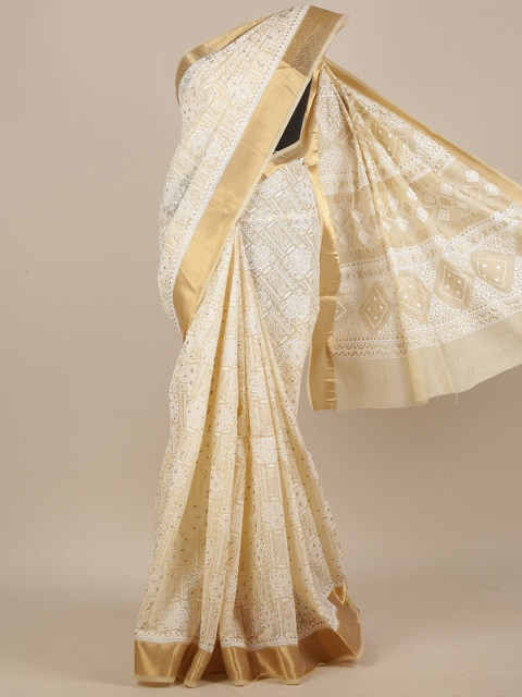 

Pothys Cream-Coloured & White Ethnic Motifs Zari Saree