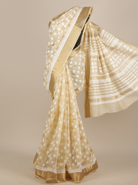 

Pothys Cream-Coloured & White Zari Cotton Blend Saree