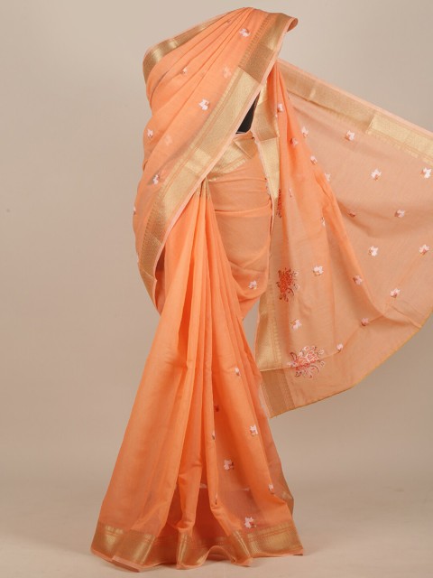 

Pothys Peach-Coloured Ethnic Motifs Embroidered Saree