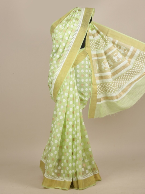 

Pothys Green & White Zari Cotton Blend Saree