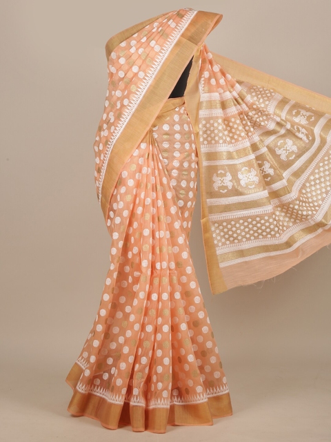 

Pothys Peach-Coloured & White Zari Cotton Blend Saree