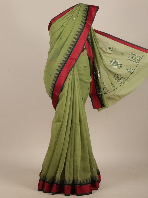 

Pothys Green & Red Floral Embroidered Saree