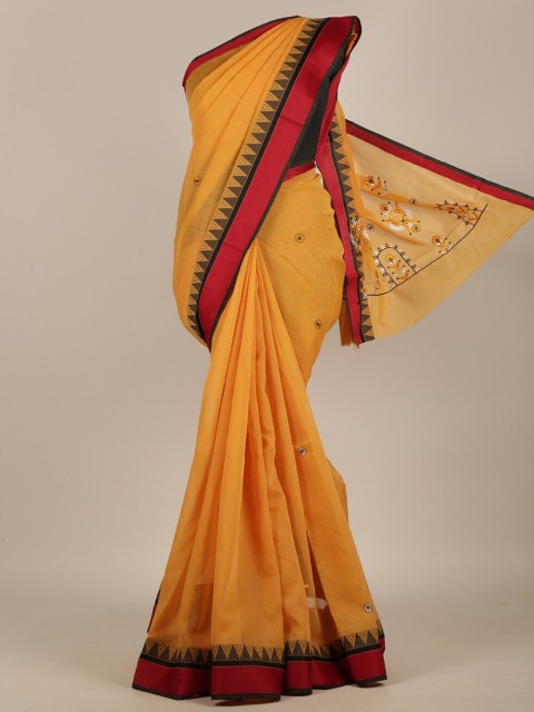 

Pothys Mustard & Red Embroidered Cotton Blend Saree