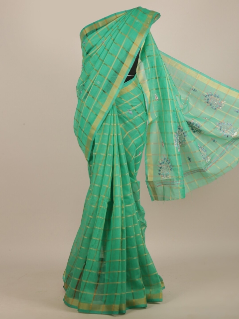 

Pothys Green & Gold-Toned Checked Embroidered Saree
