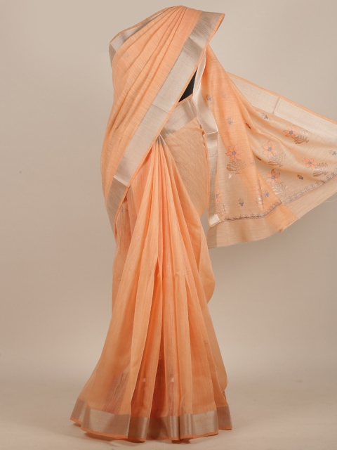 

Pothys Peach-Coloured Embroidered Cotton Blend Saree
