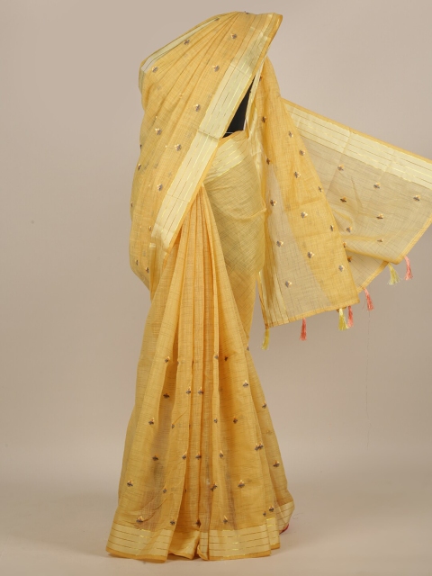 

Pothys Mustard & Blue Ethnic Motifs Embroidered Saree