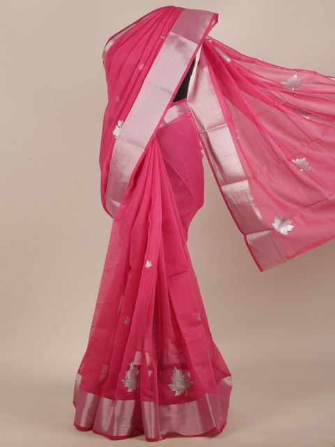 

Pothys Magenta & Silver-Toned Floral Embroidered Saree