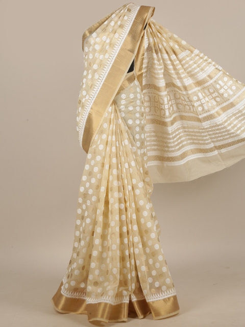 

Pothys Cream-Coloured & Gold-Toned Zari Cotton Blend Saree