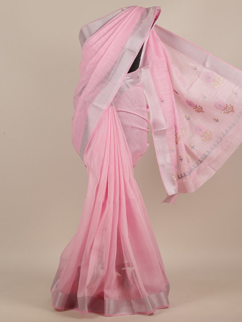

Pothys Pink & Silver-Toned Embroidered Cotton Blend Saree