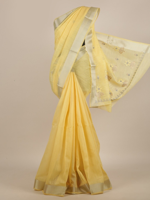 

Pothys Yellow & Silver-Toned Embroidered Cotton Blend Saree