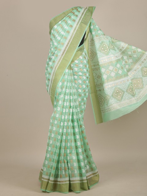 

Pothys Green & White Ethnic Motifs Zari Saree