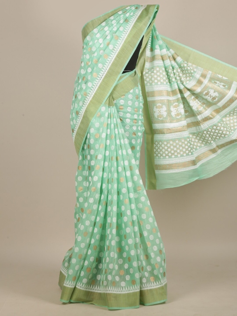 

Pothys Sea Green & White Zari Cotton Blend Saree