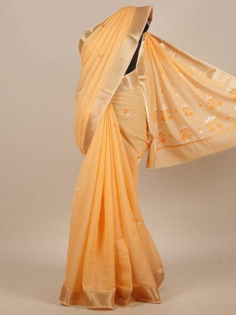 

Pothys Yellow & Gold-Toned Floral Embroidered Saree