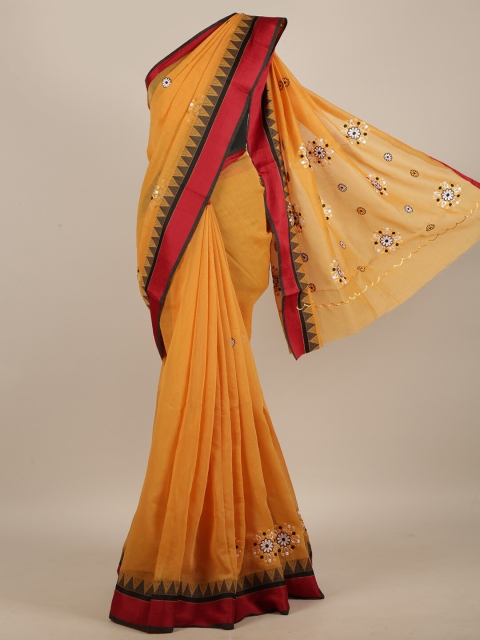 

Pothys Mustard & Red Floral Embroidered Saree