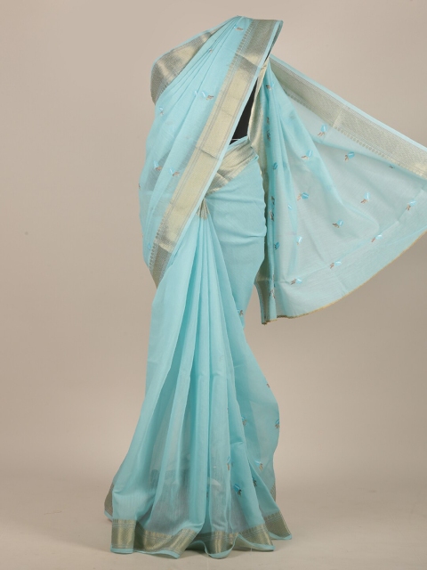 

Pothys Blue & Gold-Toned Floral Embroidered Saree