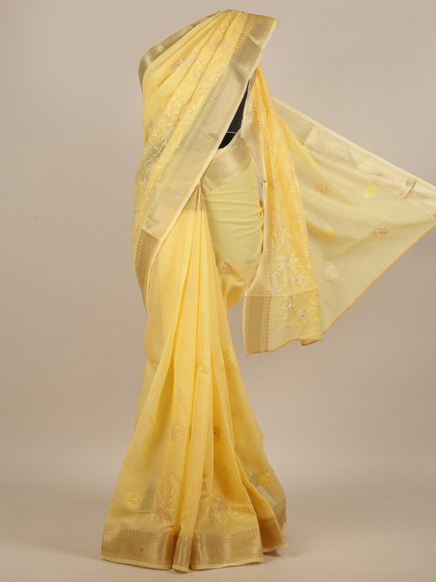 

Pothys Yellow & Gold-Toned Ethnic Motifs Embroidered Saree