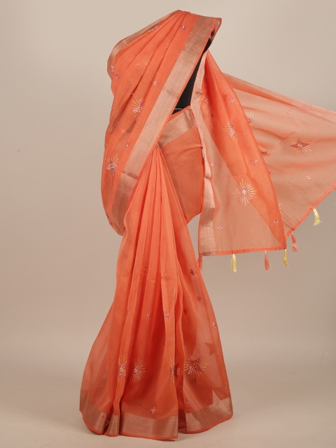 

Pothys Orange Ethnic Motifs Embroidered Saree