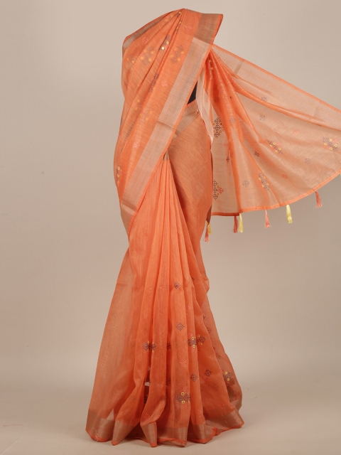 

Pothys Orange & Turquoise Blue Ethnic Motifs Embroidered Saree
