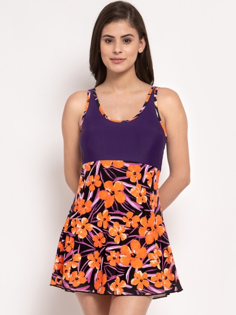 

CUKOO Women Purple & Orange Floral Printed Single Piece Swimwear with Attached Shorts