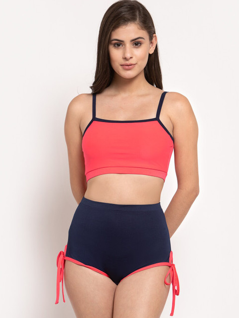 

CUKOO Women Pink & Navy Blue Solid Tankini Two Piece Swim Set