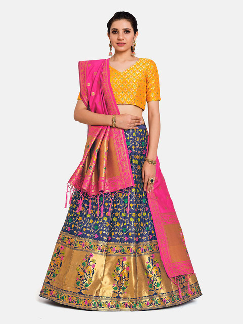

MIMOSA Gold-Toned & Blue Semi-Stitched Lehenga & Unstitched Blouse With Dupatta