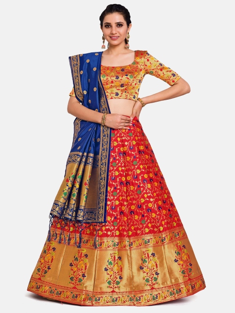 

MIMOSA Red & Gold-Toned Semi-Stitched Lehenga & Unstitched Blouse With Dupatta