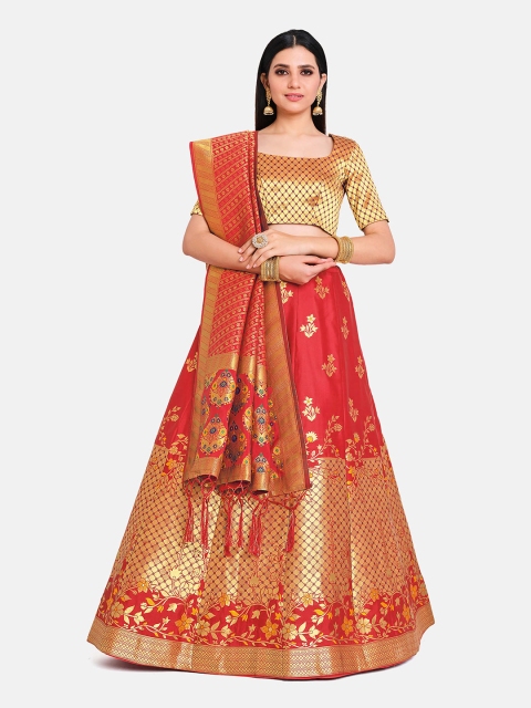 

MIMOSA Red & Gold-Toned Semi-Stitched Lehenga & Unstitched Blouse With Dupatta