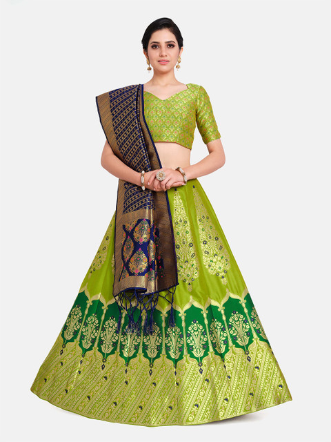 

MIMOSA Green & Navy Blue Semi-Stitched Lehenga & Unstitched Blouse With Dupatta