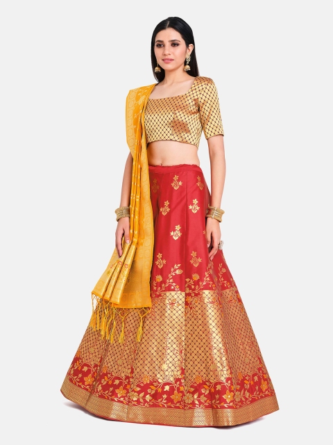 

MIMOSA Red & Yellow Semi-Stitched Lehenga & Unstitched Blouse With Dupatta