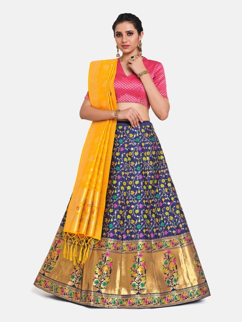 

MIMOSA Navy Blue & Pink Semi-Stitched Lehenga & Unstitched Blouse With Dupatta