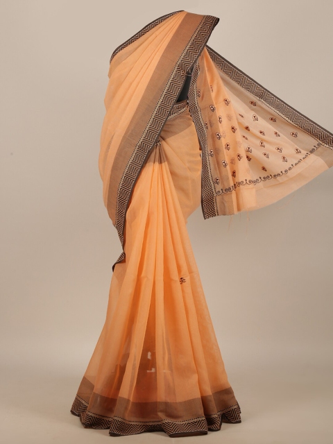 

Pothys Peach-Coloured & Black Embroidered Cotton Blend Saree