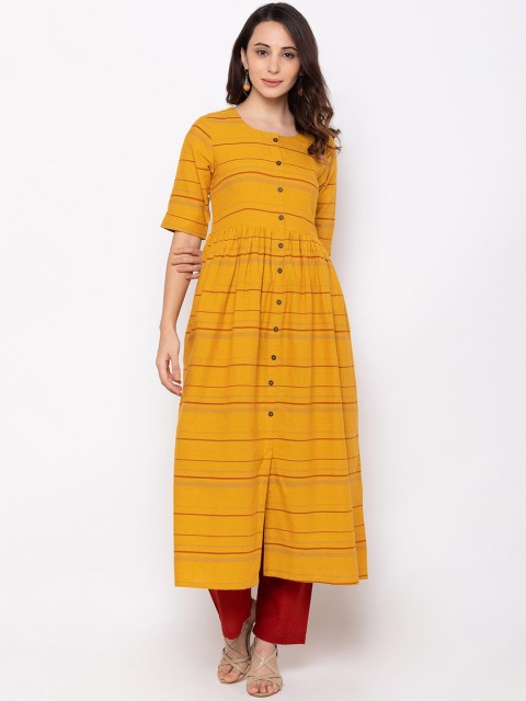 

ZOLA Women Mustard Yellow & Maroon Printed Cotton Anarkali Kurta