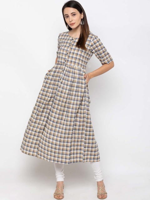 

ZOLA Women White & Blue Checked Cotton Anarkali Kurta