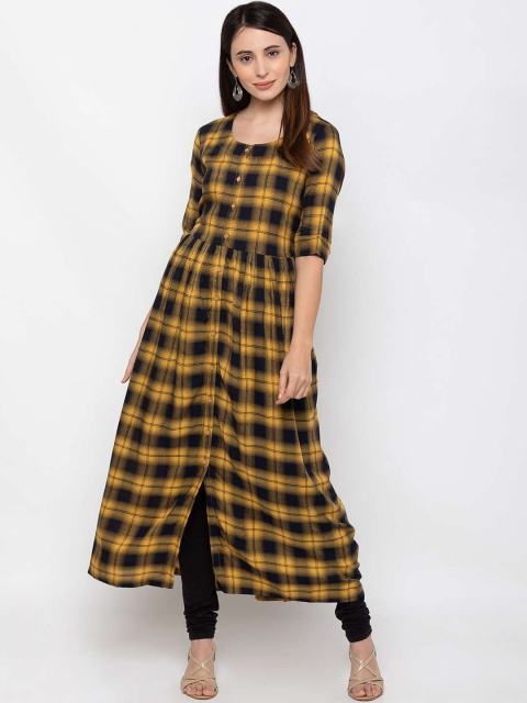 

ZOLA Women Yellow & Black Checked Cotton Anarkali Kurta