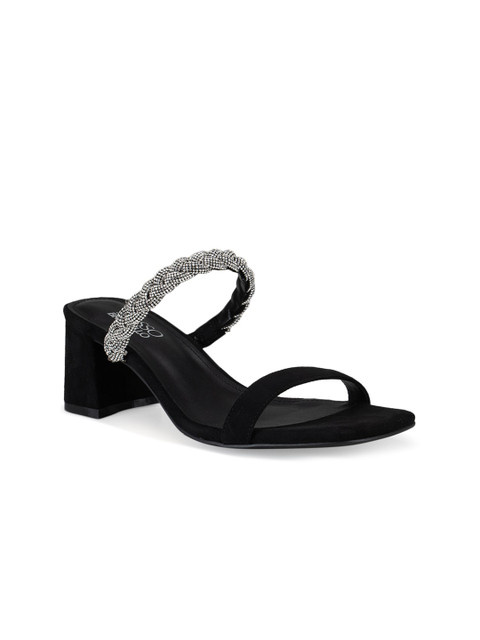 

ROSSO BRUNELLO Women Black & Silver-Toned Embellished Leather Block Sandals