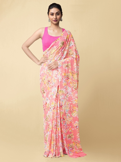 

Unnati Silks Pink & White Floral Bhagalpuri Saree