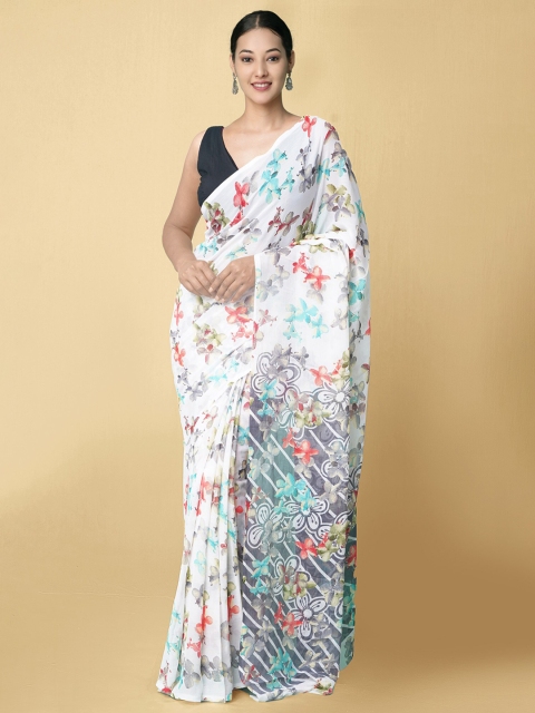 

Unnati Silks Cream-Coloured & Turquoise Blue Floral Bhagalpuri Saree