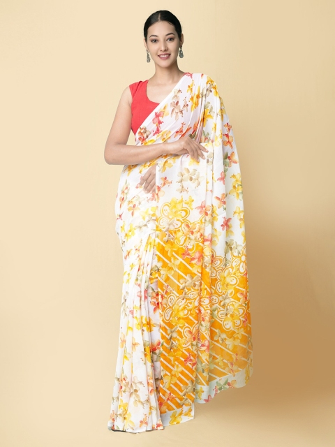 

Unnati Silks White & Yellow Floral Bhagalpuri Saree